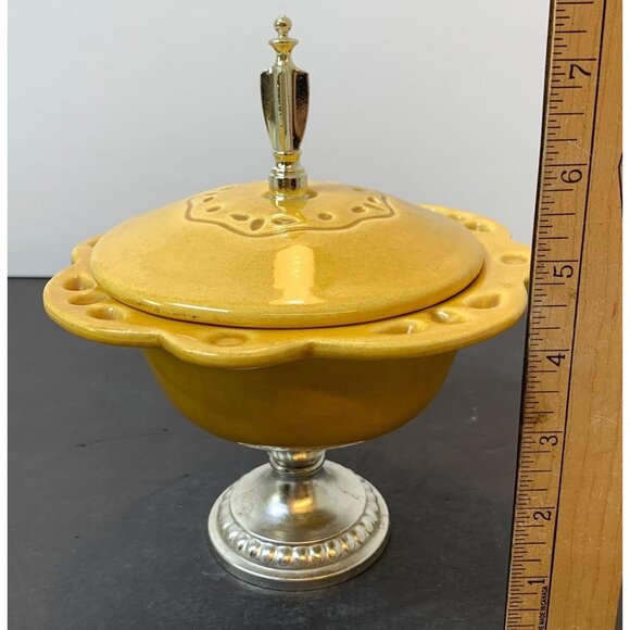 Mid Century Modern California Pottery Pedestal Dish With Lid, Yellow - #323 MCM - Picture 4 of 5